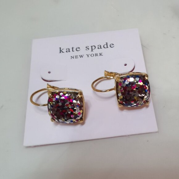KATE SPADE NEW YORK MULTI CONFETTI GLITTER SQUARE LEVERBACK EARRINGS GOLD TONE - Picture 3 of 3